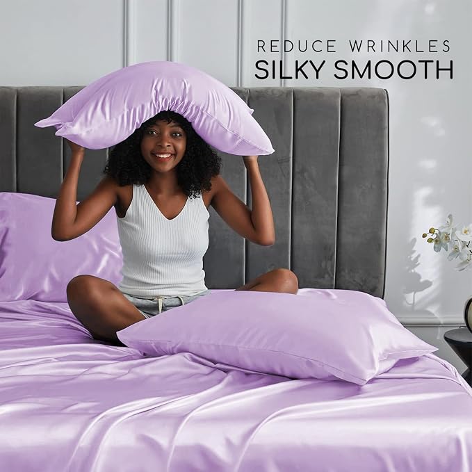 MR&HM Satin Bed Sheets with Elastic Corner Straps, Full Size Sheets Set - Image 3