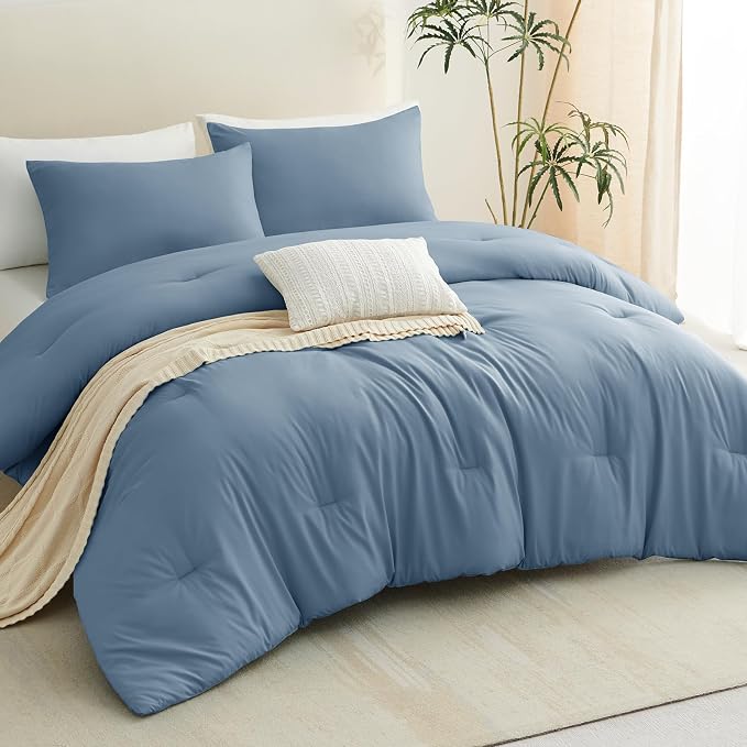 CozyLux Grayish Blue Full Size Comforter Set, 3 Pieces Dusty Blue Solid - Image 8