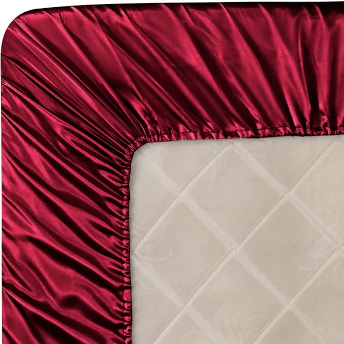 Homiest Burgundy Satin Fitted Sheet King Size, Deep Pocket, Luxury & Ultra Soft - Image 6