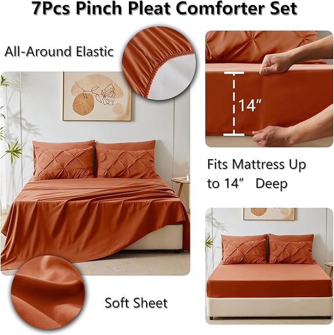 HIMEET Pintuck Bed in a Bag, 7 Pieces Queen Size Comforter Set Burnt Orange - Image 6