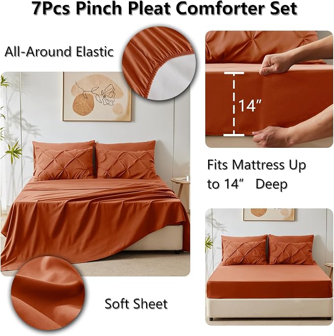 HIMEET Pintuck Bed in a Bag, 7 Pieces Full Size Comforter Set Burnt Orange - Image 6