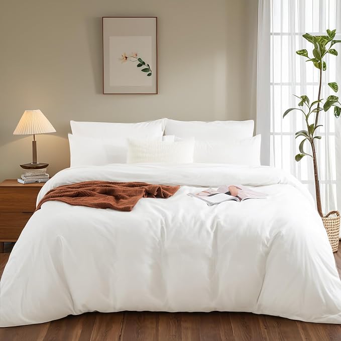 NEXHOME PRO Duvet Cover Set 100% Washed Cotton Full Size Linen Feel Textured - Image 2