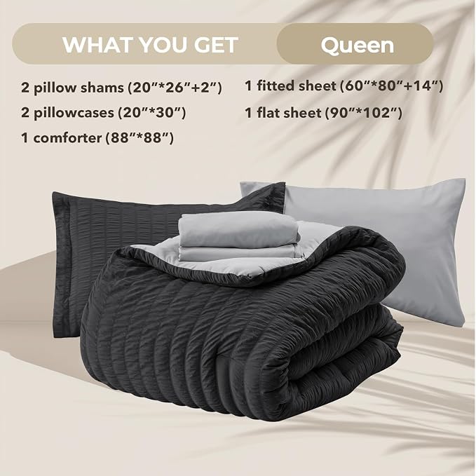 HYMOKEGE Black/Light Grey Queen Comforter Set Seersucker 7 Pieces, All Season - Image 5