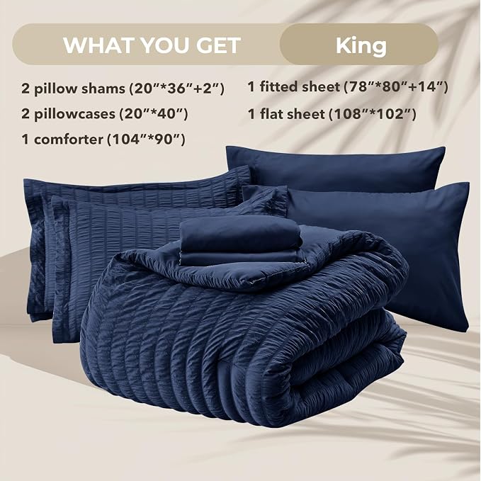 HYMOKEGE Navy Blue King Size Comforter Set Seersucker 7 Pieces, All Season - Image 6
