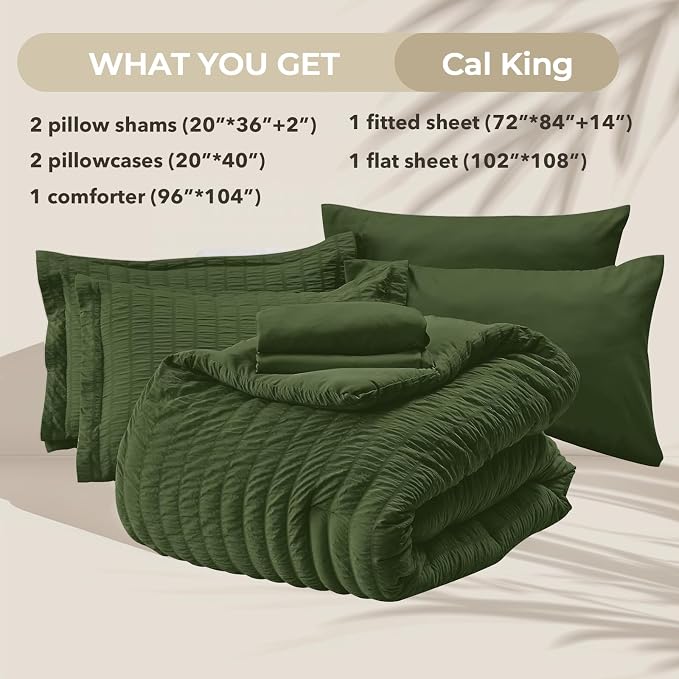 HYMOKEGE Olive Green California King Comforter Set Seersucker 7 Pieces - Image 5