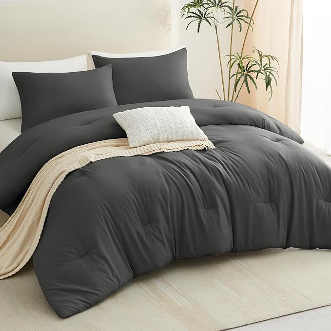 CozyLux California King Comforter Set Dark Grey, 3 Pieces Cal King Solid - Image 9