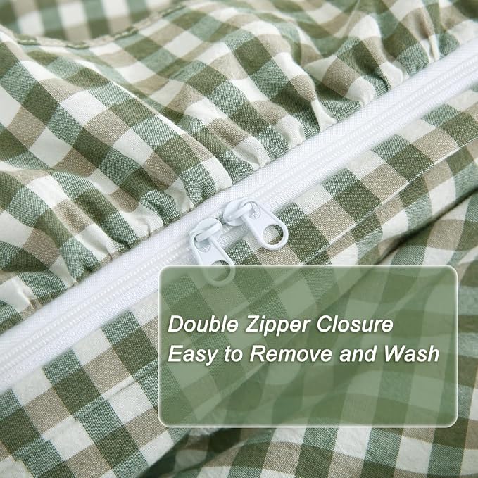 Silnuo Sage Green/White Plaid Ruffle Duvet Cover Full Size, 100% Washed Cotton - Image 5
