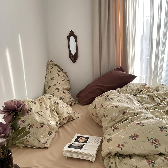 MKXI Yellowish Beige & Red Floral Duvet Cover Set Twin Size - Image 7