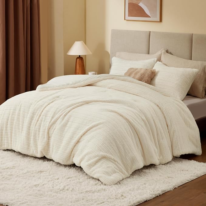 BEDELITE Fleece King Comforter Set -Super Soft & Warm Fluffy Cream White Faux - Image 2