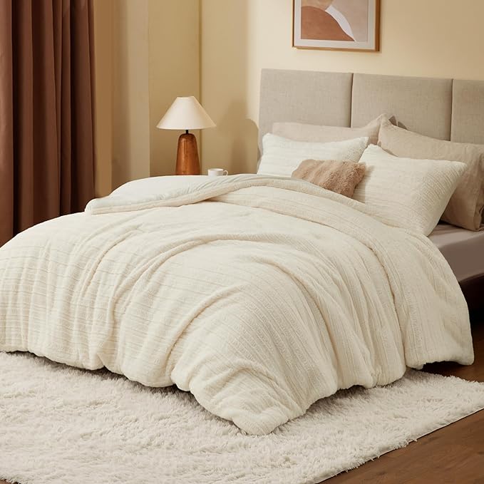 BEDELITE Fleece Queen Comforter Set -Super Soft & Warm Fluffy Cream White Faux - Image 2
