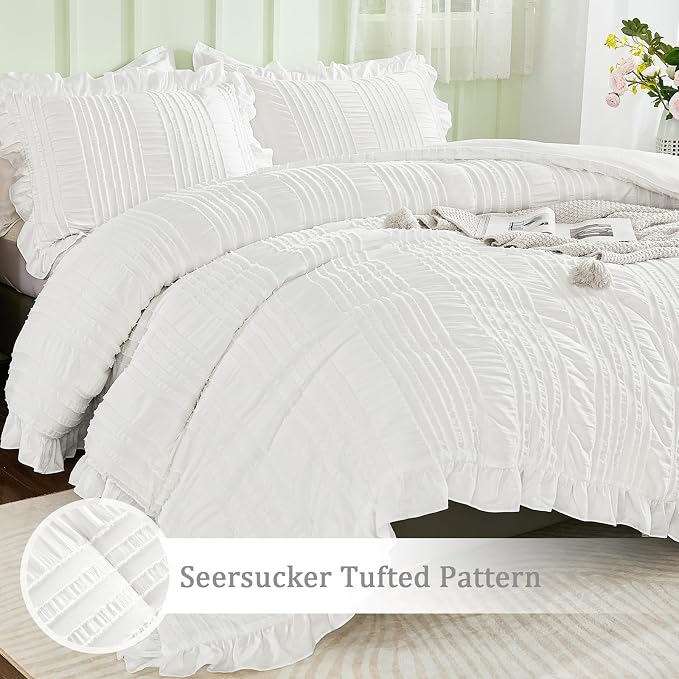 WONGS BEDDING White Queen Comforter Set, Boho Ruffle Comforter - Image 5