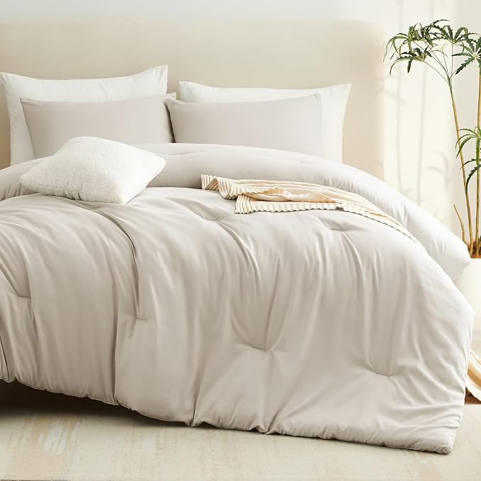 CozyLux Oversized King Comforter Set Beige, 3 Pieces 120x98 Solid Breathable - Image 8