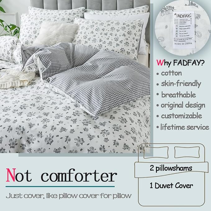 FADFAY Twin Size Duvet Cover Set 100% Cotton Grey White Floral Comforter Cover - Image 2