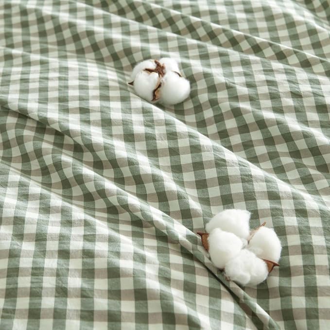 Nayoroom Gingham Duvet Cover Full Size 100% Washed Cotton Green Plaid Checkered - Image 6