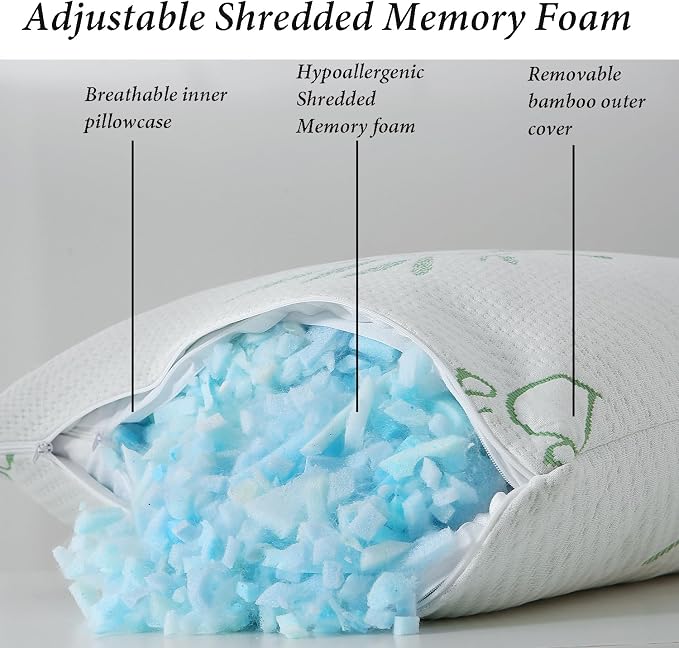 Shredded Memory Foam Pillows Set of 1, Cooling Zippered Breathable Memory Foam - Image 2