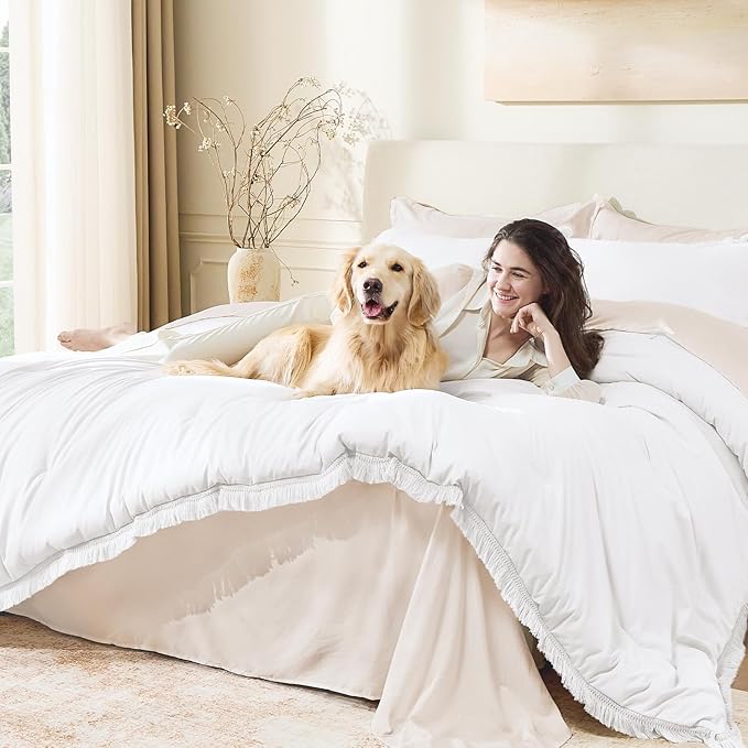 Andency White Comforter Set Twin Size, 2 Pieces Boho Lightweight Tassel Bedding - Image 3
