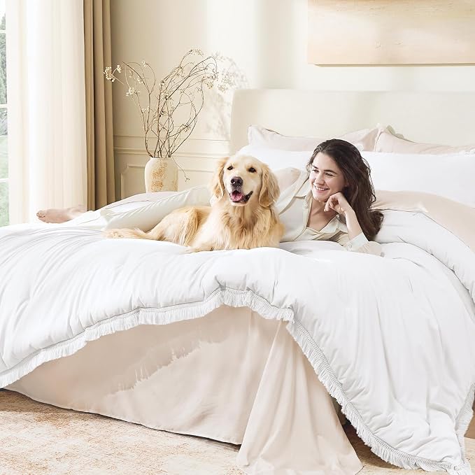 Andency White Comforter Set California King, Boho Tassel Lightweight Bedding - Image 3