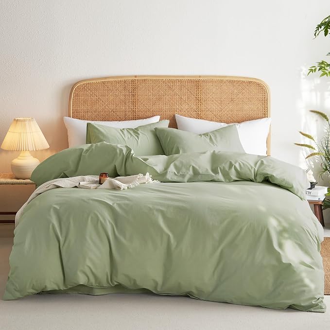 Wake In Cloud - Cotton Duvet Cover Set, King Size, Sage Green, 100% Washed - Image 8