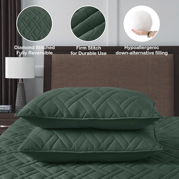HORIMOTE HOME Quilt Set Queen Size Dark Green, Classic Geometric Diamond - Image 5