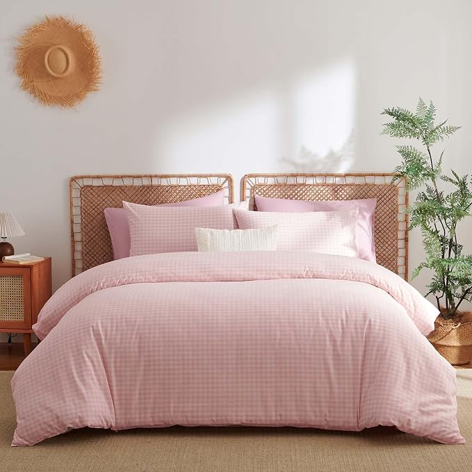 Nayoroom Gingham Duvet Cover Queen Size 100% Washed Cotton Pink Plaid Checkered - Image 8