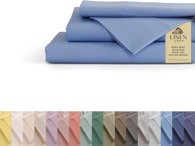 Linen Home 100% Cotton Percale Sheets King Size, Baby Blue, Deep Pocket by LINENHOME