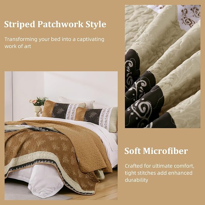 DJY Brown Quilt Set King Size Striped Bedspread Coverlet Set 3 Pieces Boho - Image 7
