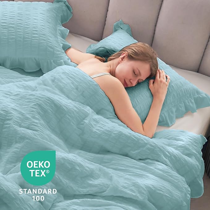 JOLLYVOGUE Light Blue Queen Comforter Set, 3 Pieces Seersucker Comforters Queen - Image 6