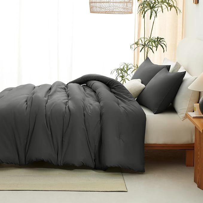 CozyLux King Size Comforter Set Dark Grey, 3 Pieces Solid Comforters King Size - Image 9