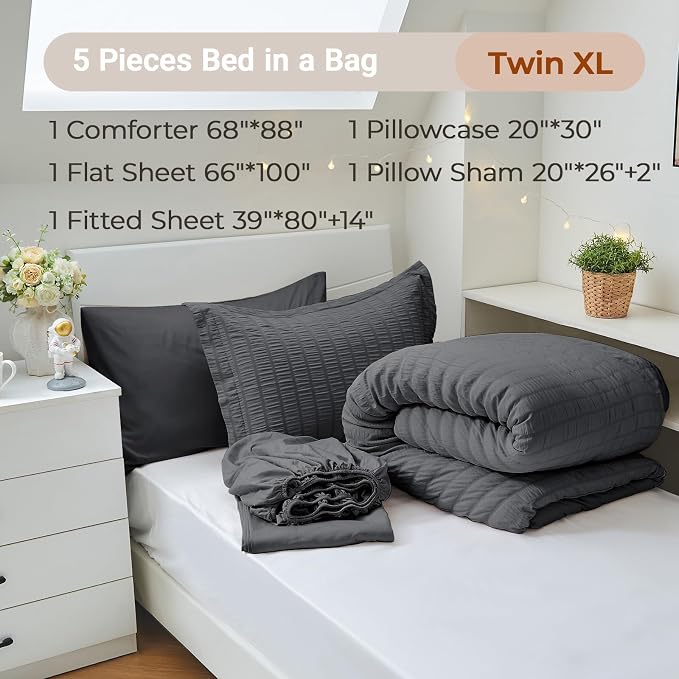 MUXHOMO 5 Pieces Twin XL Comforter Set, Seersucker Bed in a Bag Twin XL Size - Image 4