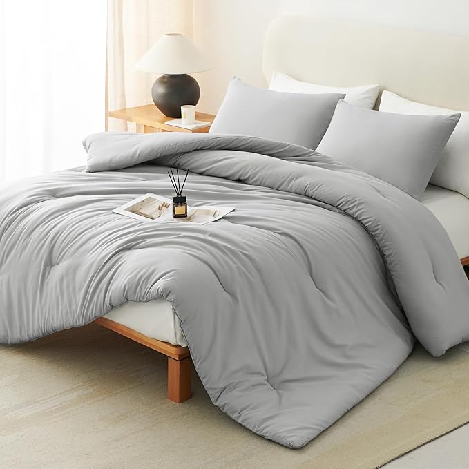 CozyLux Full Size Comforter Set Light Grey, 3 Pieces Solid Breathable Quilted by CozyLux