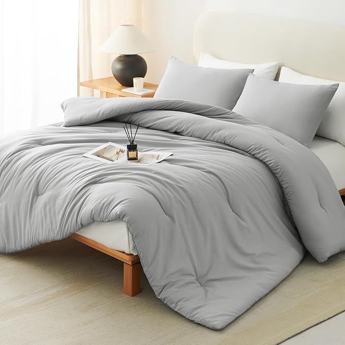 CozyLux Queen Comforter Set Light Grey, 3 Pieces Solid Comforters Queen Size by CozyLux