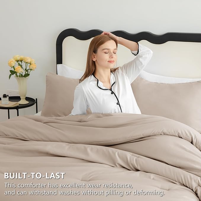 CozyLux Full Size Comforter Set Wheat, 3 Pieces Solid Breathable Quilted - Image 3