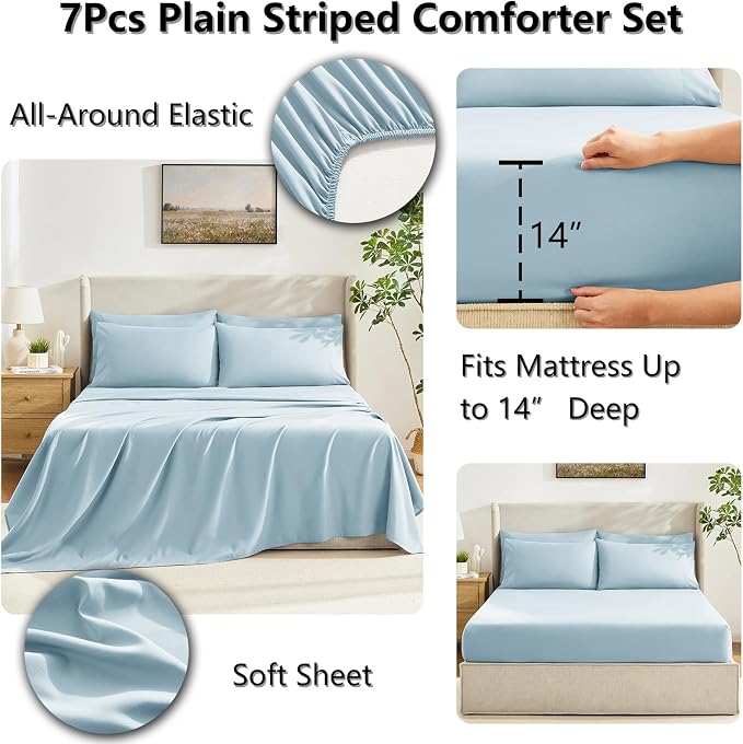 CozyLux King Size Comforter Set Light Blue, 7 Pieces Bed in a Bag, All Season - Image 5