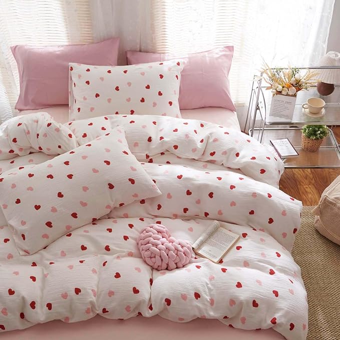 Nayoroom Heart Duvet Cover Set Queen Size Red Pink Hearts Printed on White by Nayoroom