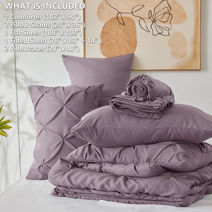 HIMEET Pintuck Bed in a Bag, 7 Pieces King Size Comforter Set Dusty Purple - Image 8
