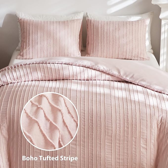 WARMDERN Pink Boho Duvet Cover King Size, Striped Textured Duvet Cover Set - Image 2