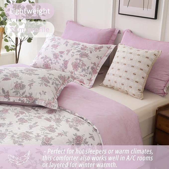 LEMIROE Pink Floral Cotton Comforter King Size 3PC - Image 3