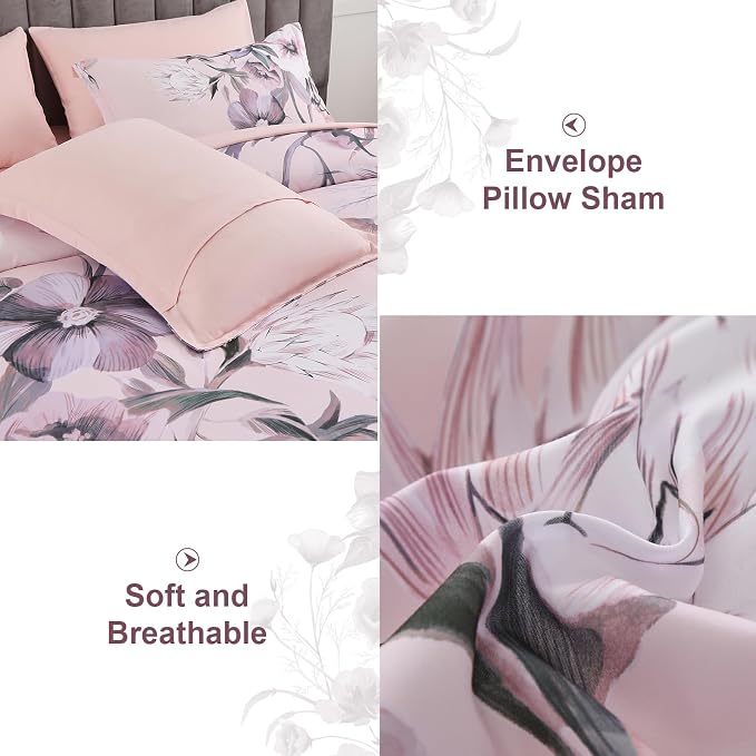 Luxudecor Floral Comforter Set King Size 7 Piece, Blush Pink Flower Bed in a Bag - Image 5