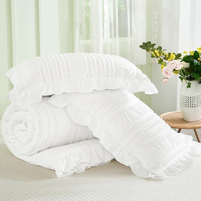 WONGS BEDDING White Comforter Set King, 3 Pieces Ruffle Farmhouse Shabby Chic - Image 7