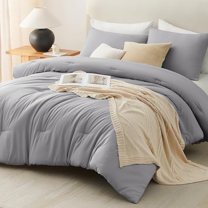 CozyLux Queen Comforter Set Grey, 3 Pieces Solid Comforters Queen Size - Image 9