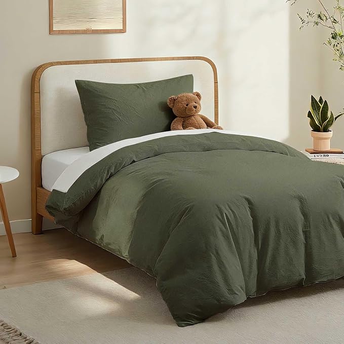 LOVQUE Olive Green Cotton Duvet Cover Twin Size, Linen Like Natural Bedding Set - Image 2