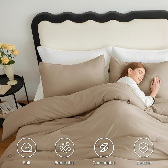CozyLux Queen Comforter Set Taupe, 3 Pieces Solid Comforters Queen Size - Image 5