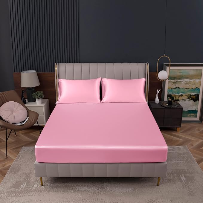 Homiest Pink Satin Fitted Sheet Queen Size, Deep Pocket, Luxury & Ultra Soft - Image 2