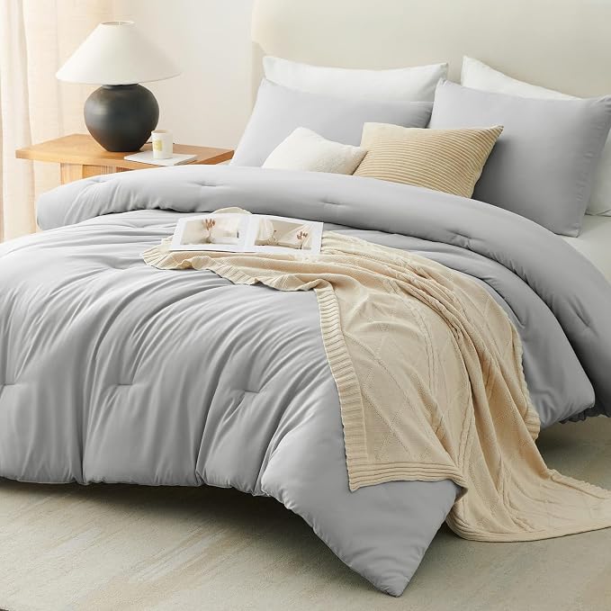 CozyLux Full Size Comforter Set Light Grey, 3 Pieces Solid Breathable Quilted - Image 7