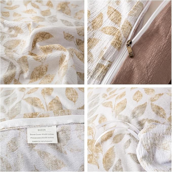 OAITE Brown Leaves Queen Size Duvet Cover-3 Pieces Prewashed Cotton-Like - Image 4