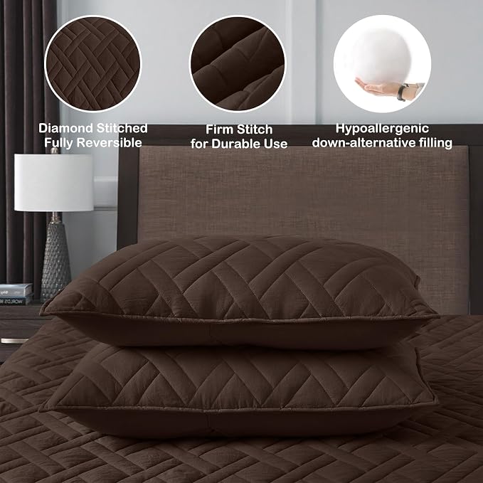 HORIMOTE HOME Quilt Set Queen Size Chocolate, Classic Geometric Diamond - Image 5