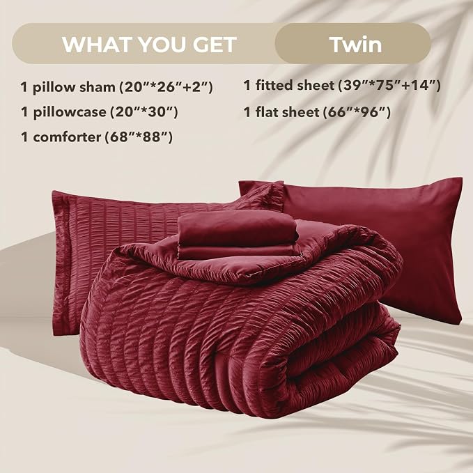 HYMOKEGE Burgundy Twin Comforter Set Seersucker 5 Pieces, All Season Luxury Bed - Image 5