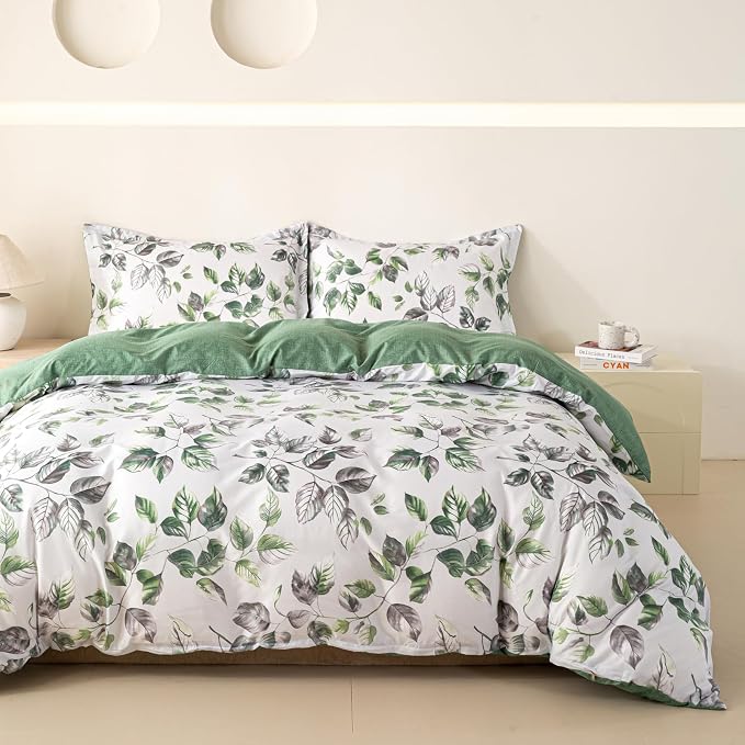 OAITE Duvet Cover Queen Size, Reversible Leaf White Duvet Cover Set by OAITE