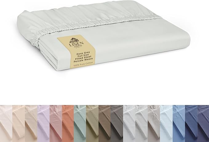 Linen Home 100% Cotton Percale Weave Fitted Sheet, Full Size, Dove Grey by LINENHOME