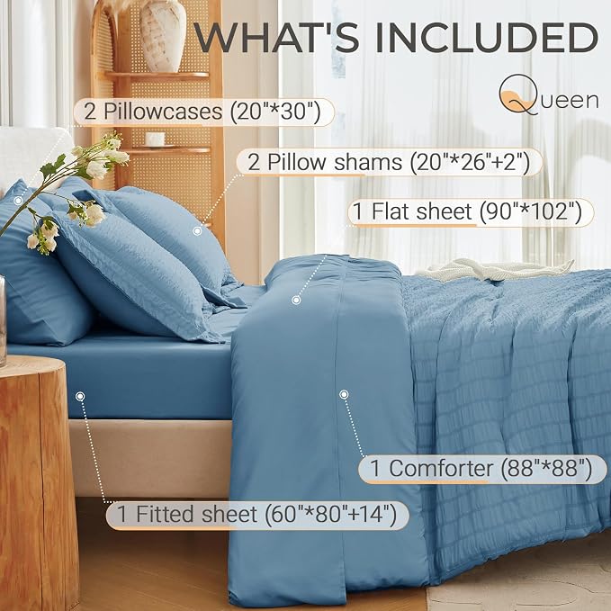 MUXHOMO 7 Pieces Queen Comforter Set, Seersucker Bed in a Bag Queen Size - Image 4